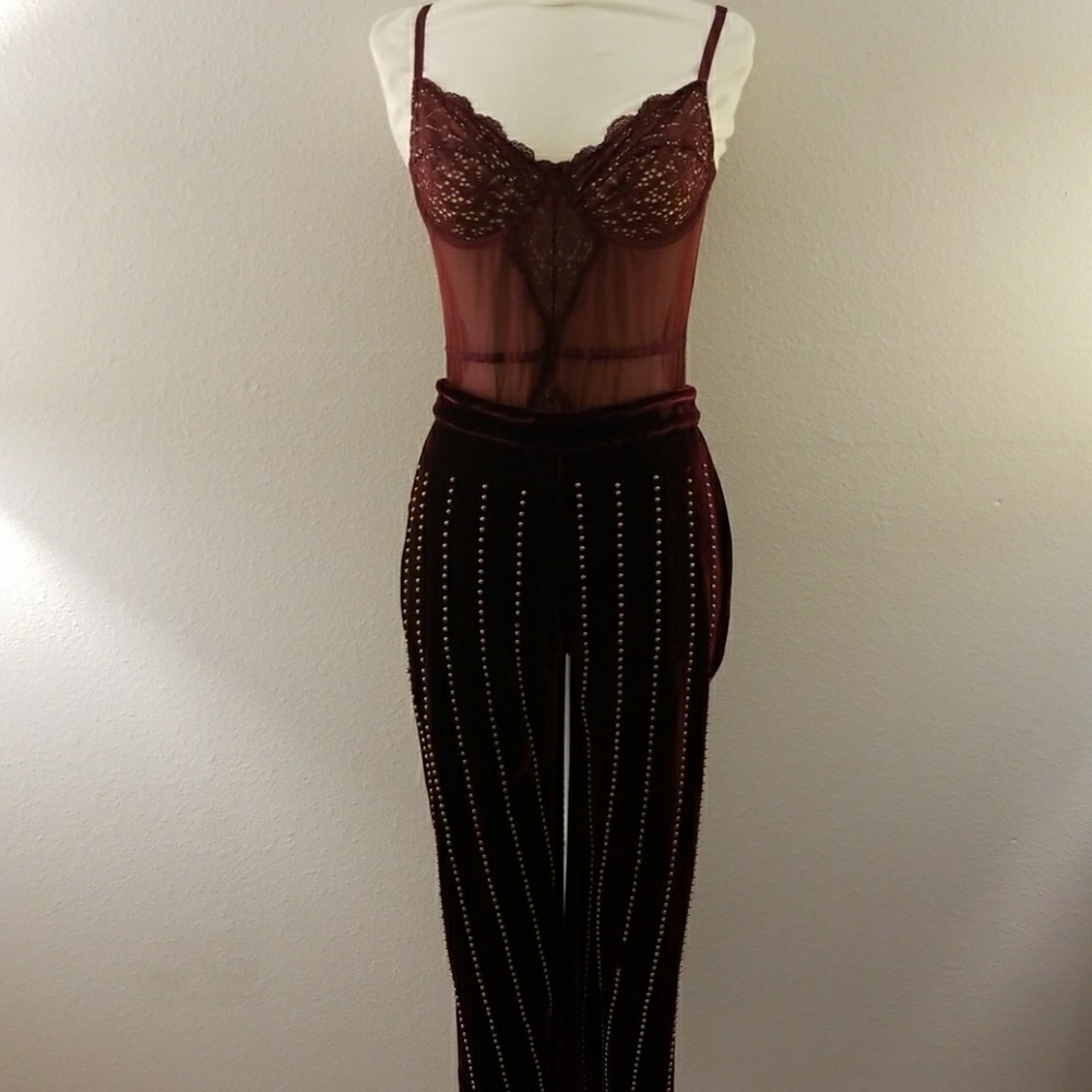 Forever 21 Lace Bodysuit and Rehab Velvet pants